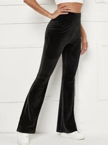 SHEIN Flare Leg Velvet Trousers - Black - View 3