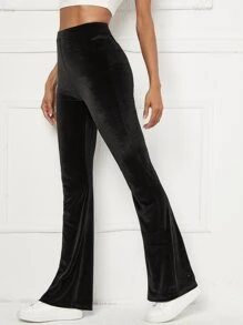 SHEIN Flare Leg Velvet Trousers - Black - View 5
