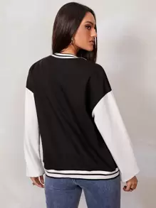 SHEIN EZwear 數字刺繡撞色棒球領條紋圖案學院風夾克 - 黑色 - 查看 2