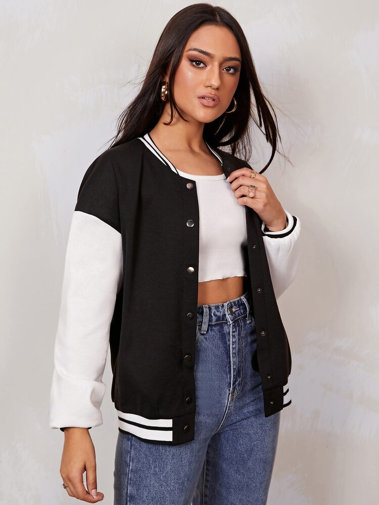 SHEIN EZwear Cazadora de universidad con bordado de número de color combinado cuello béisbol de rayas - Negro - Añade 4