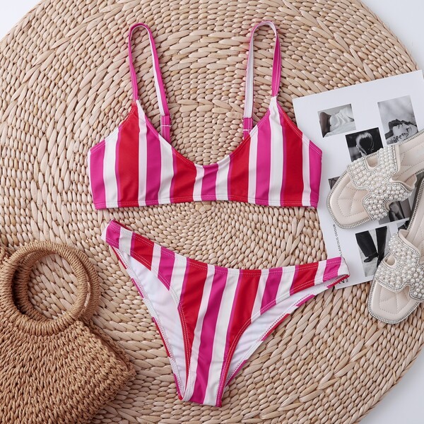 

Colorful Striped Bikini Swimsuit, Red and white