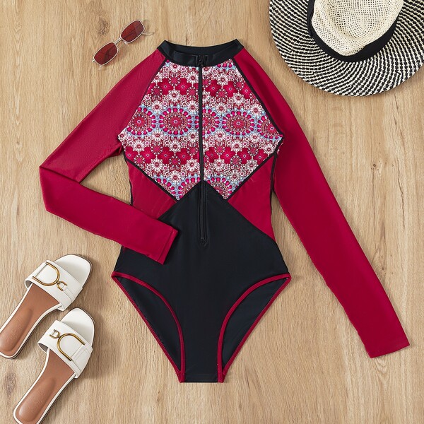 

Floral Zipper One Piece Swimsuit, Multicolor