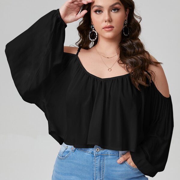 

Plus Solid Cold Shoulder Knot Blouse, Black