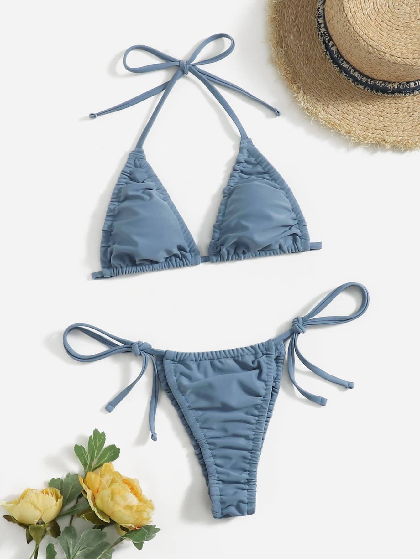 Conjunto de bikini con tanga de triángulo de cuello halter fruncido, para vacaciones de verano en la playa - Neblina azul - Añade 4