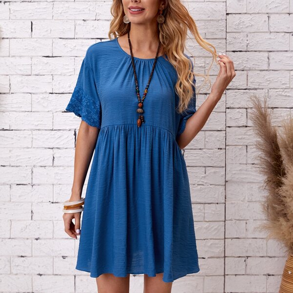 

Solid Contrast Lace Smock Dress, Blue