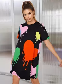 SHEIN EZwear Heart Print Tee Dress - Black - View 1