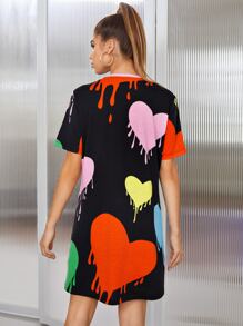 SHEIN EZwear Heart Print Tee Dress - Black - View 2