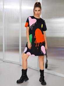 SHEIN EZwear Heart Print Tee Dress - Black - View 3