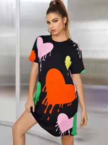 SHEIN EZwear Heart Print Tee Dress - Black - View 4