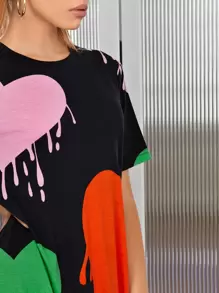 SHEIN EZwear Heart Print Tee Dress - Black - View 5