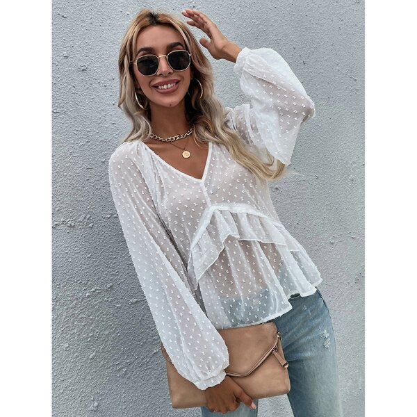 

Solid Swiss Dot Ruffle Trim Chiffon Blouse, White