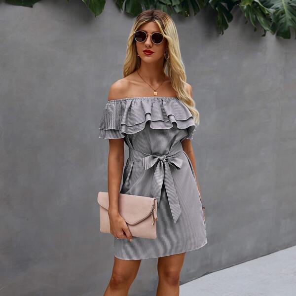 

Off The Shoulder Striped Flounce Trim Belted Dress, Grey