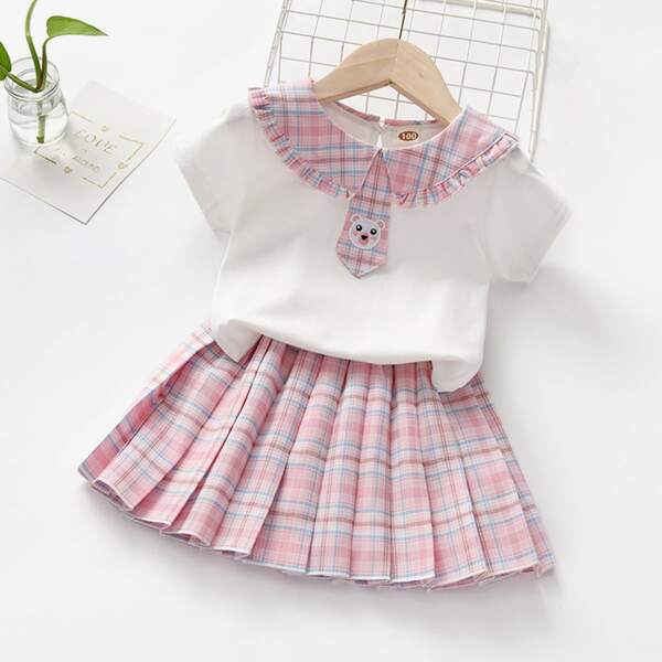 

Toddler Girls Plaid & Cartoon Top With Pleated Skirt, Pink