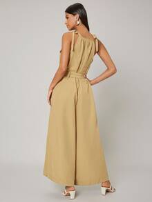 SHEIN Unity Linen Belted Cami Jumpsuit - Khaki - View 2