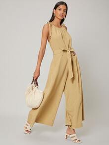 SHEIN Unity Linen Belted Cami Jumpsuit - Khaki - View 4