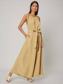 SHEIN Unity Linen Belted Cami Jumpsuit - Khaki - View 5