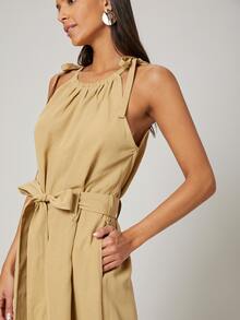 SHEIN Unity Linen Belted Cami Jumpsuit - Khaki - View 7