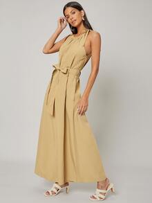 SHEIN Unity Linen Belted Cami Jumpsuit - Khaki - View 8