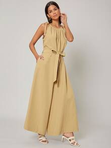 SHEIN Unity Linen Belted Cami Jumpsuit - Khaki - View 9