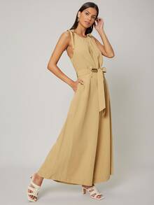 SHEIN Unity Linen Belted Cami Jumpsuit - Khaki - View 10