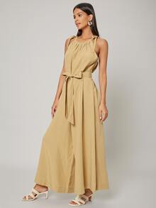 SHEIN Unity Linen Belted Cami Jumpsuit - Khaki - View 11