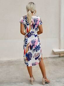 SHEIN LUNE Notched Neck Leaf Print Belted Dress - Multicolor - View 2
