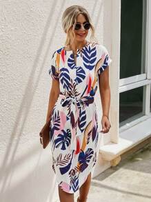 SHEIN LUNE Notched Neck Leaf Print Belted Dress - Multicolor - View 3
