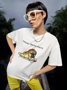 ILROMPI Slogan & Cartoon Graphic Drop Shoulder Tee - White - View 1
