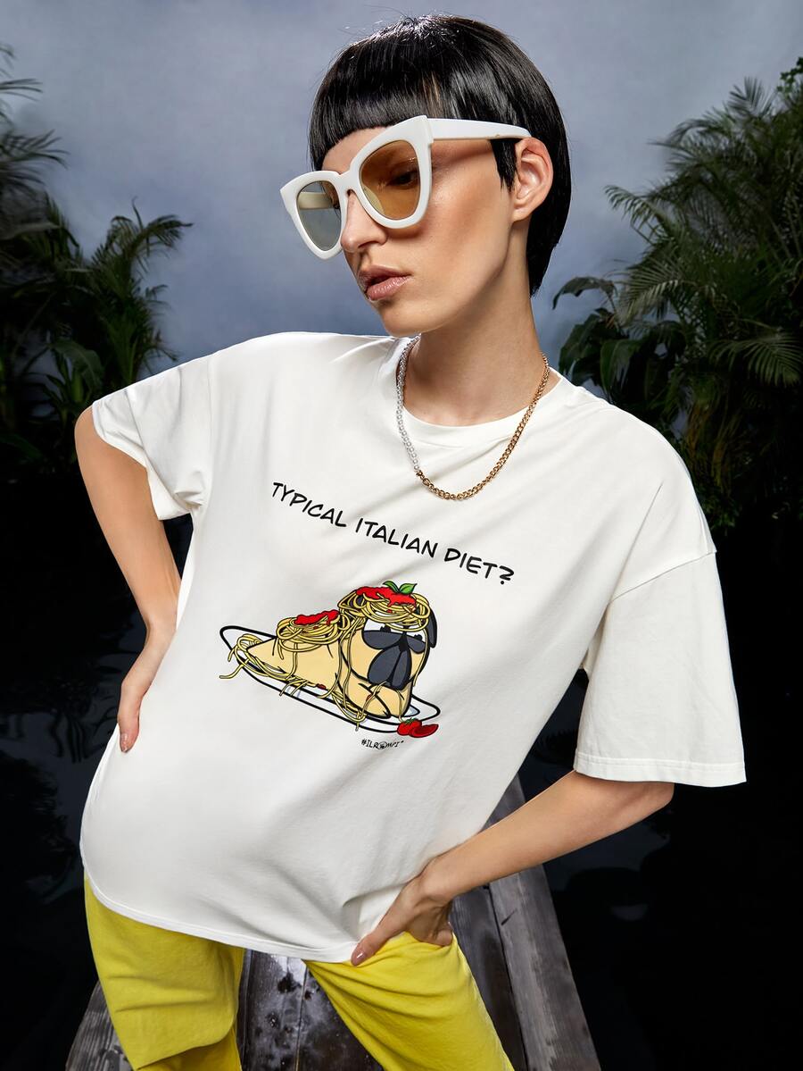 ILROMPI Slogan & Cartoon Graphic Drop Shoulder Tee - White - View 1