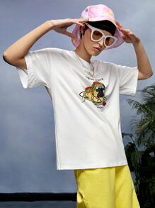 ILROMPI Slogan & Cartoon Graphic Drop Shoulder Tee - White - View 4