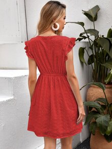 Eyelet Embroidery Ruffle Trim Smock Dress - Red - View 2