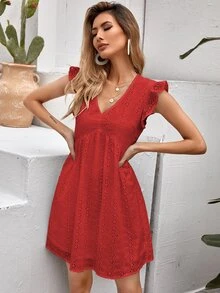 Eyelet Embroidery Ruffle Trim Smock Dress - Red - View 3