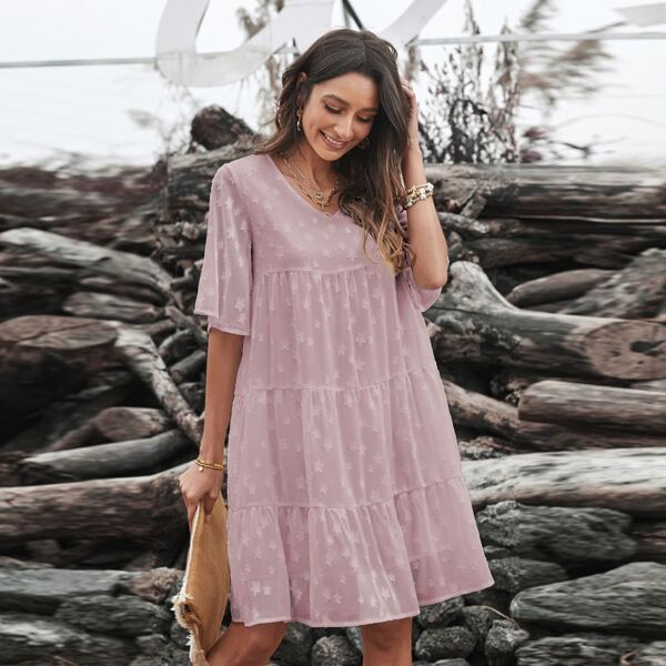 

V-neck Flutter Sleeve Babydoll Dress, Baby pink