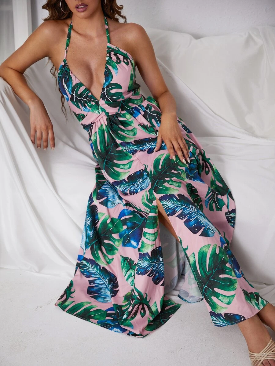 Vestido apretado con estampado tropical, escote halter y espalda descubierta - Multicolor - Ver 1
