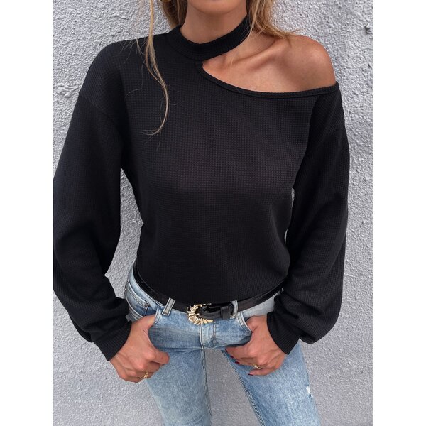 

Solid Asymmetrical Shoulder Bishop Sleeve Tee, Black