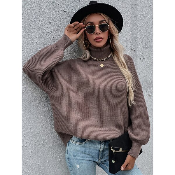 

Turtleneck Ribbed Knit Drop Shoulder Sweater, Mocha brown