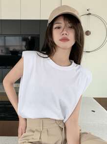 Solid Shoulder Pad Crop Tank Top - Blanco - Ver 1