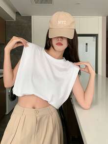 Solid Shoulder Pad Crop Tank Top - Blanco - Ver 2