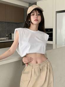 Solid Shoulder Pad Crop Tank Top - Blanco - Ver 3