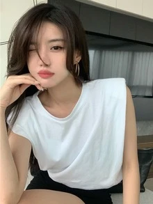 Solid Shoulder Pad Crop Tank Top - Blanco - Ver 4