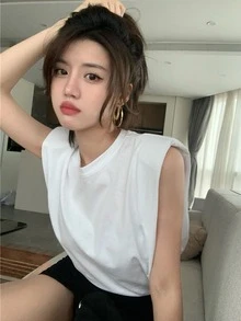 Solid Shoulder Pad Crop Tank Top - Blanco - Ver 6