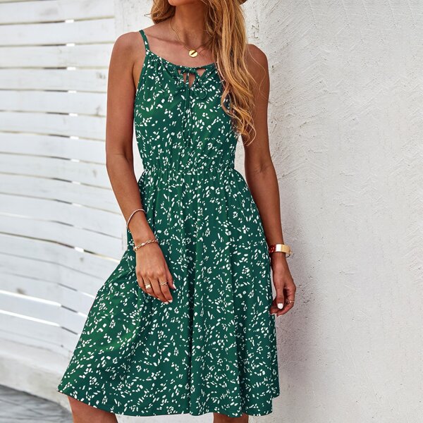 

Allover Print Tie Front Cami Sundress, Green
