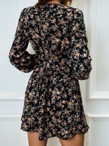 SHEIN LUNE 印花燈籠袖繫腰帶洋裝 - 彩色 - 查看 2