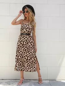 SHEIN Holidaya Leopard Split Hem Cami Dress Without Belt Maxi Vacation Beach Outfits Women - Multicolor - View 6