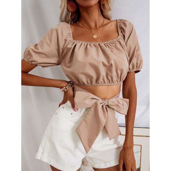 

Ruched Tie Front Puff Sleeve Blouse, Apricot
