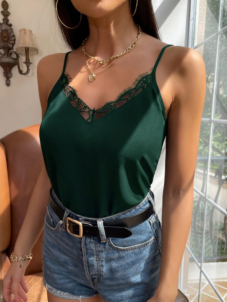 SHEIN Frenchy 蕾絲拼接吊帶上衣 - 軍綠色 - 查看 4