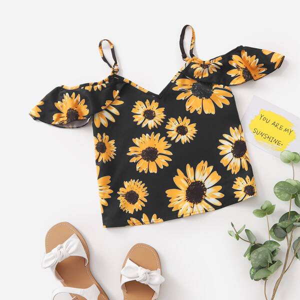 

Girls Floral Print Cold Shoulder Top, Multicolor