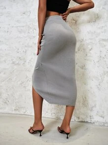 Váy nữ Dây kéo màu trơn Thanh lịch - Xám - Xem 2