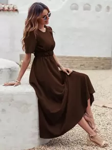 Solid Elastic Waist A-line Dress - Coffee Brown - View 1