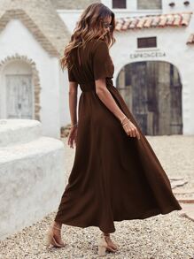 Solid Elastic Waist A-line Dress - Coffee Brown - View 2